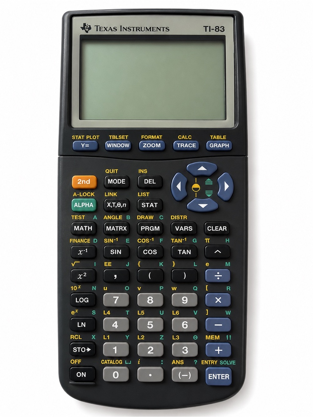 Texas Instruments TI-83 Graphing Calculator - Black with Blue and Yellow Keys